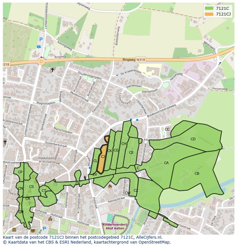Afbeelding van het postcodegebied 7121 CJ op de kaart.