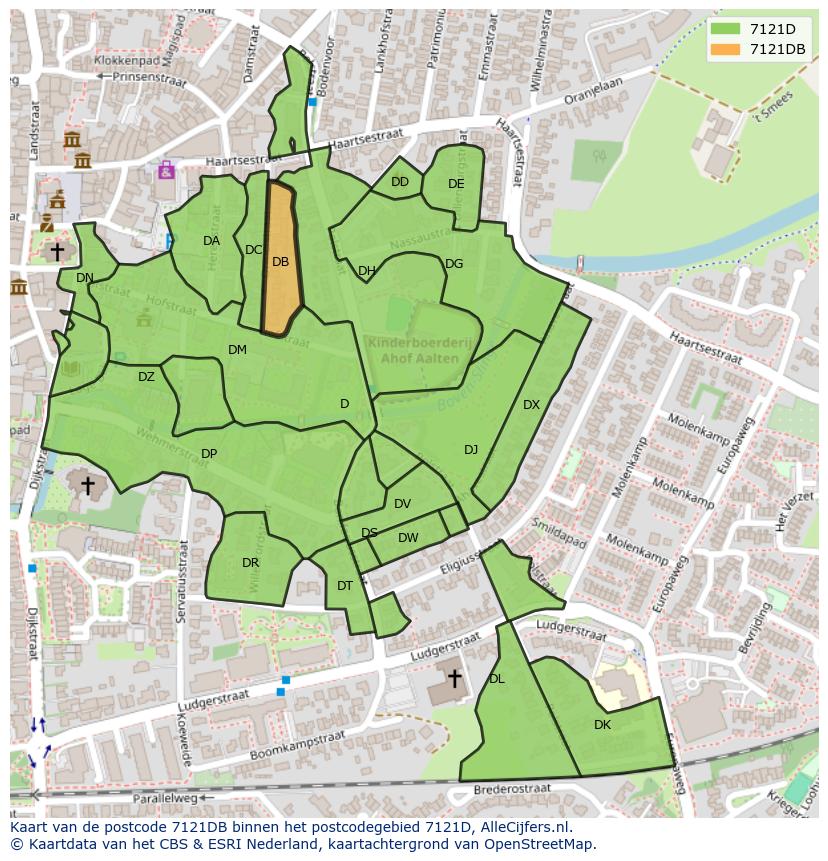 Afbeelding van het postcodegebied 7121 DB op de kaart.