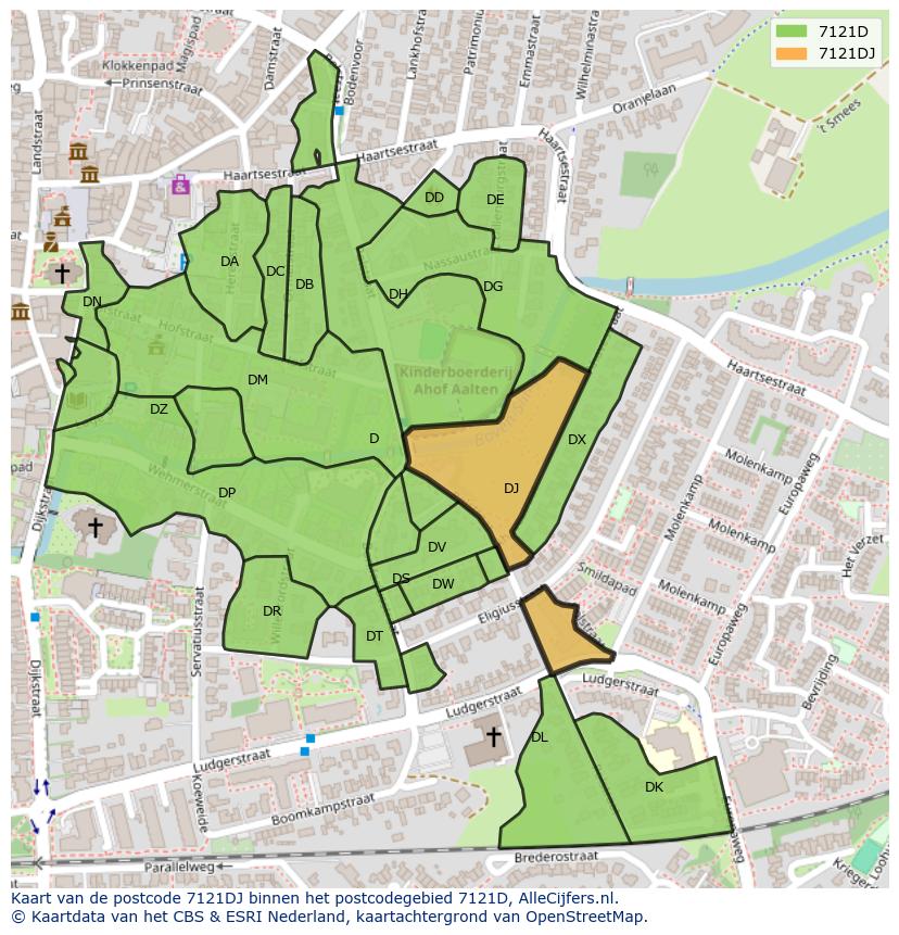 Afbeelding van het postcodegebied 7121 DJ op de kaart.