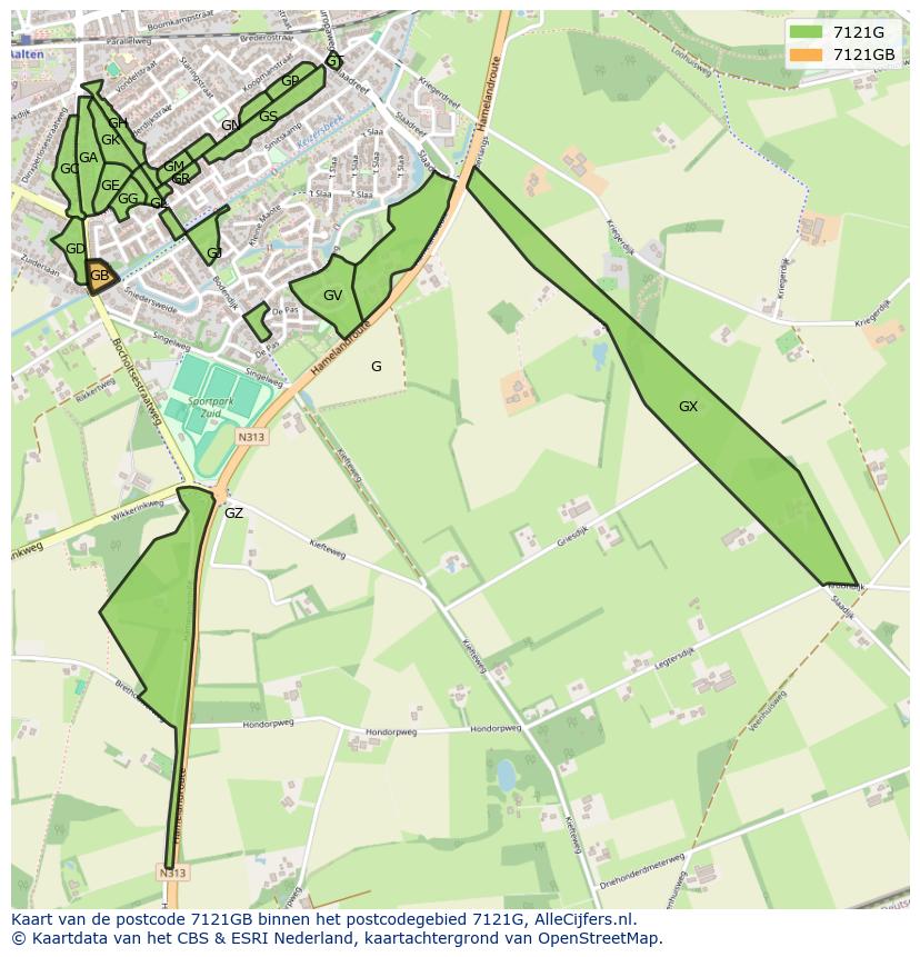 Afbeelding van het postcodegebied 7121 GB op de kaart.