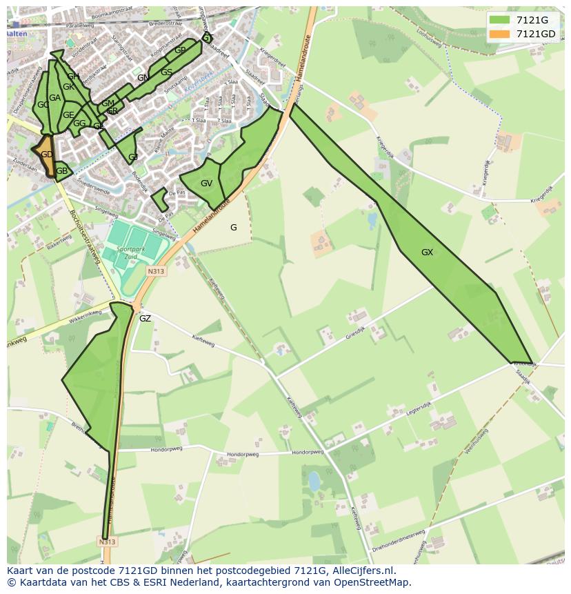 Afbeelding van het postcodegebied 7121 GD op de kaart.