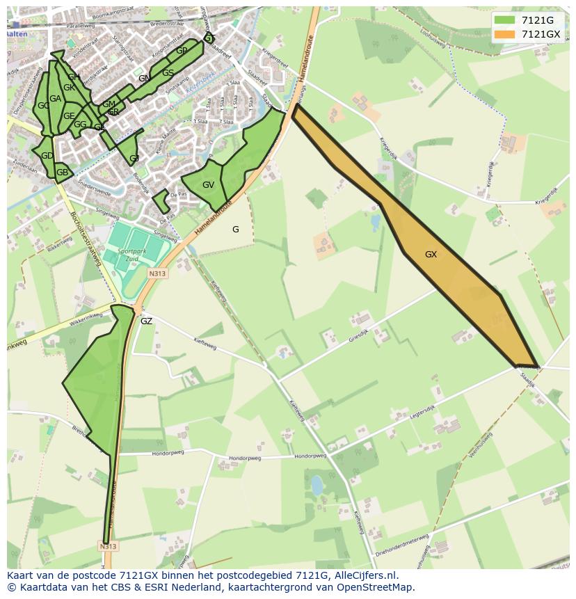 Afbeelding van het postcodegebied 7121 GX op de kaart.