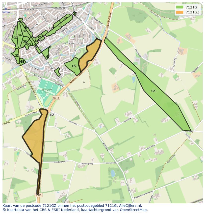 Afbeelding van het postcodegebied 7121 GZ op de kaart.