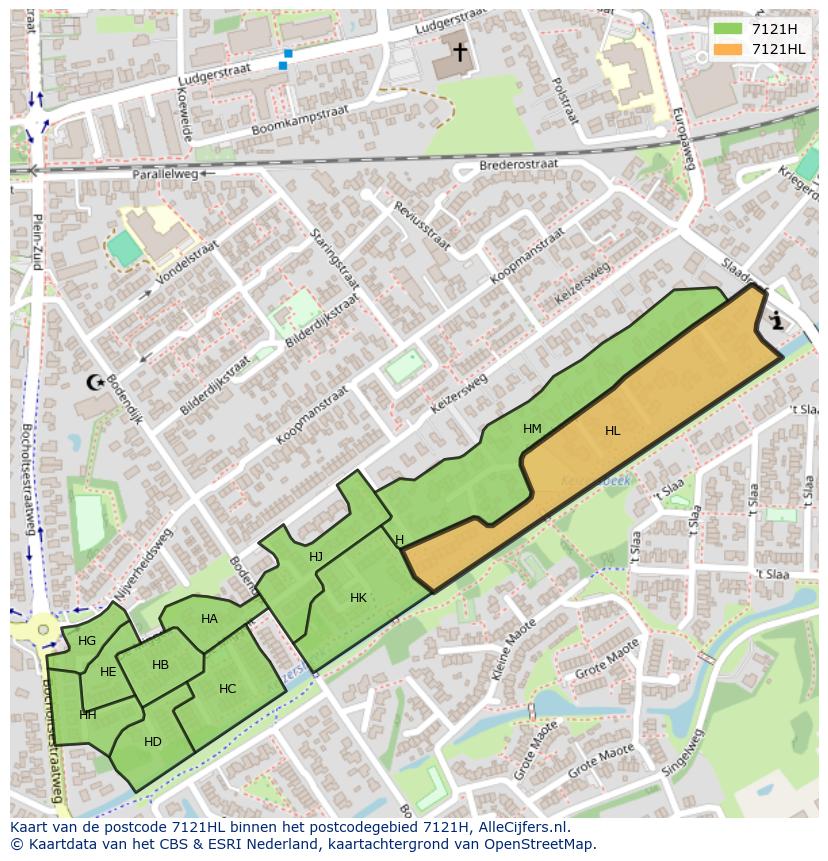 Afbeelding van het postcodegebied 7121 HL op de kaart.