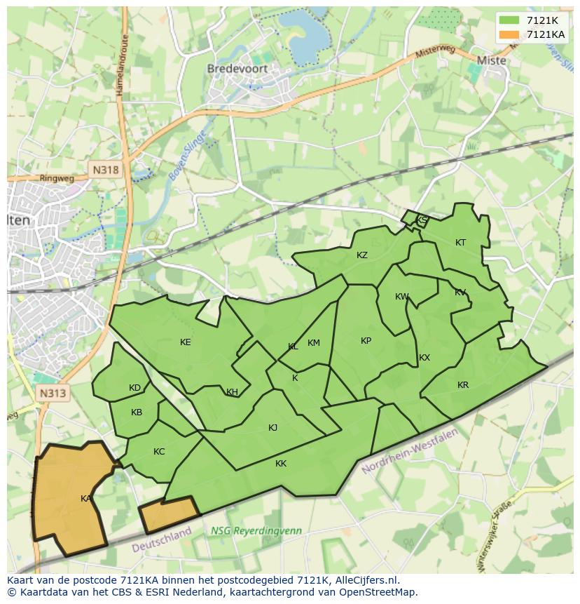 Afbeelding van het postcodegebied 7121 KA op de kaart.