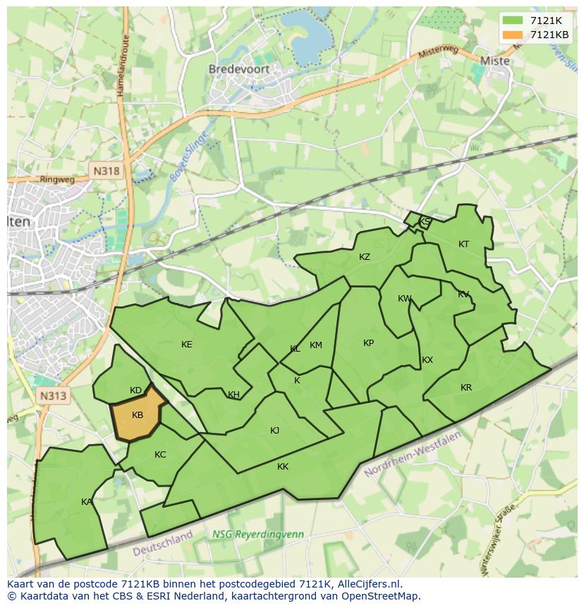 Afbeelding van het postcodegebied 7121 KB op de kaart.