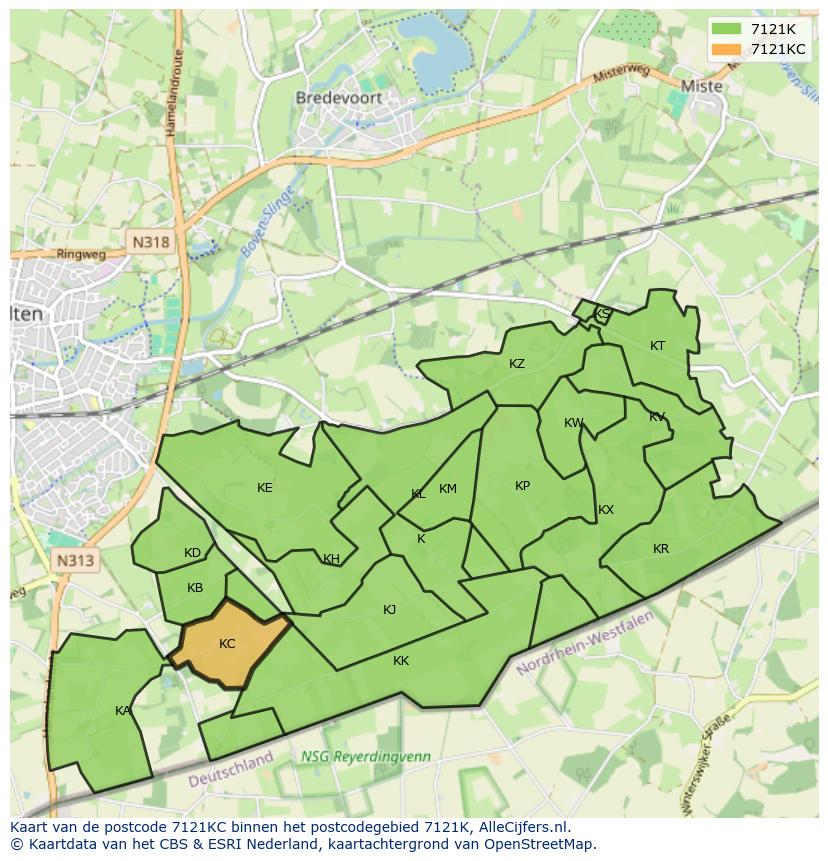 Afbeelding van het postcodegebied 7121 KC op de kaart.