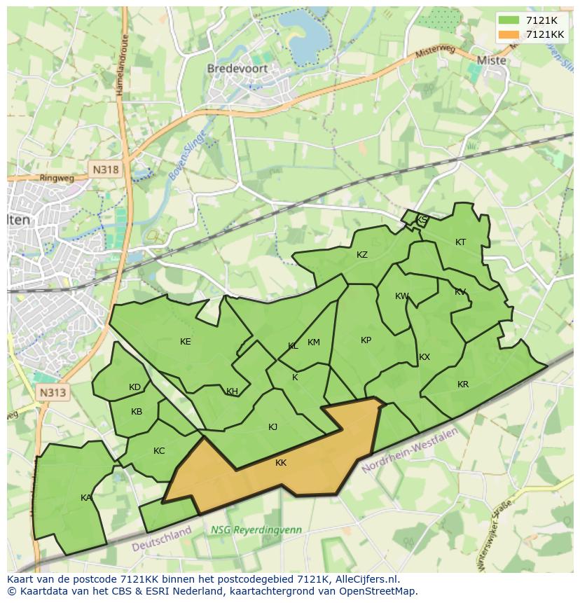 Afbeelding van het postcodegebied 7121 KK op de kaart.
