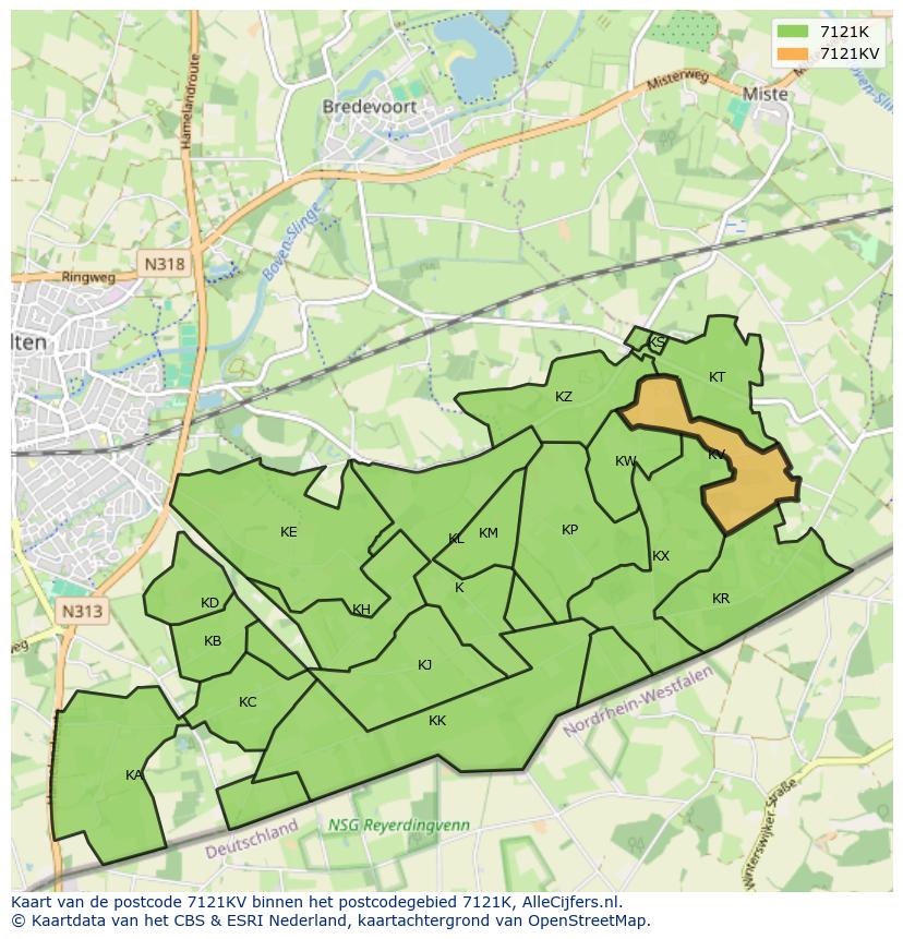 Afbeelding van het postcodegebied 7121 KV op de kaart.
