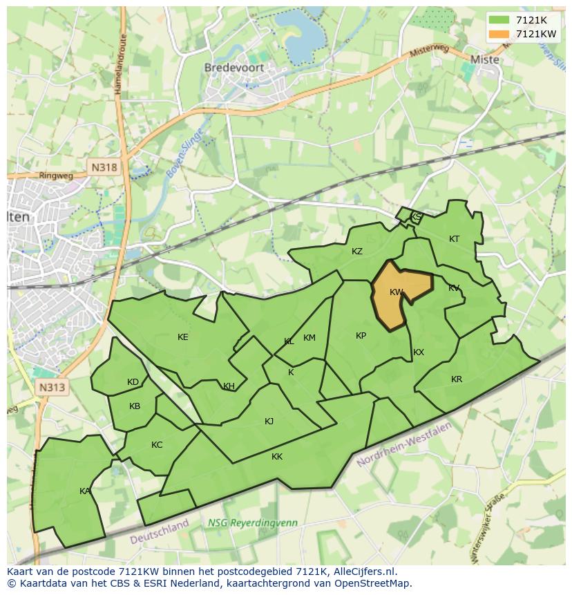 Afbeelding van het postcodegebied 7121 KW op de kaart.
