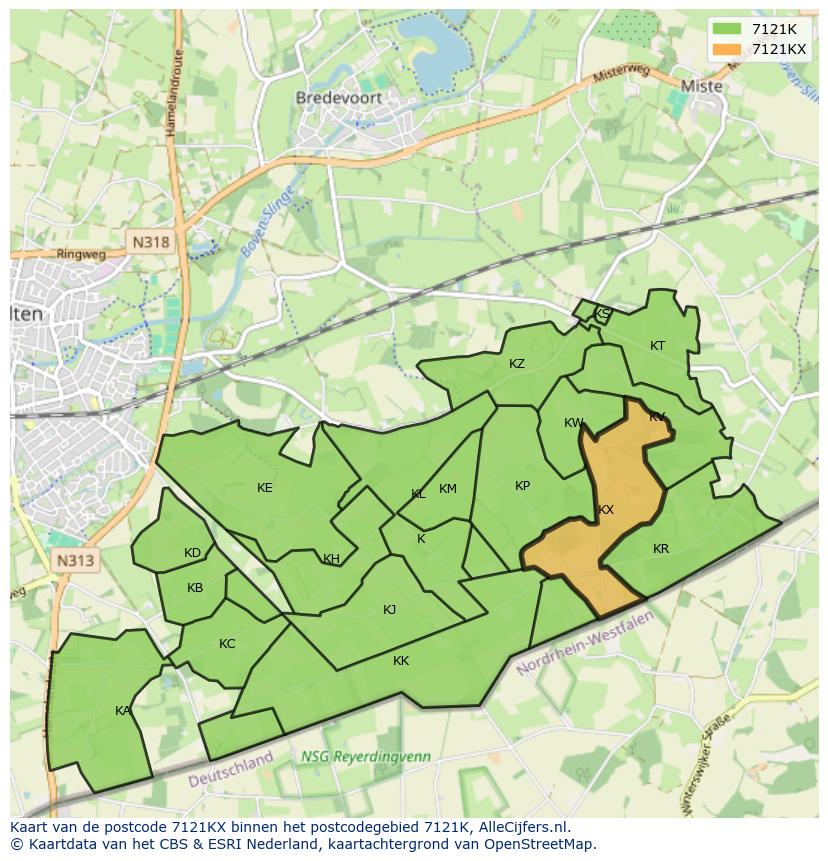 Afbeelding van het postcodegebied 7121 KX op de kaart.