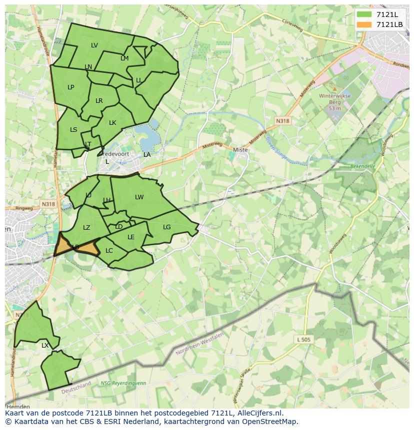 Afbeelding van het postcodegebied 7121 LB op de kaart.