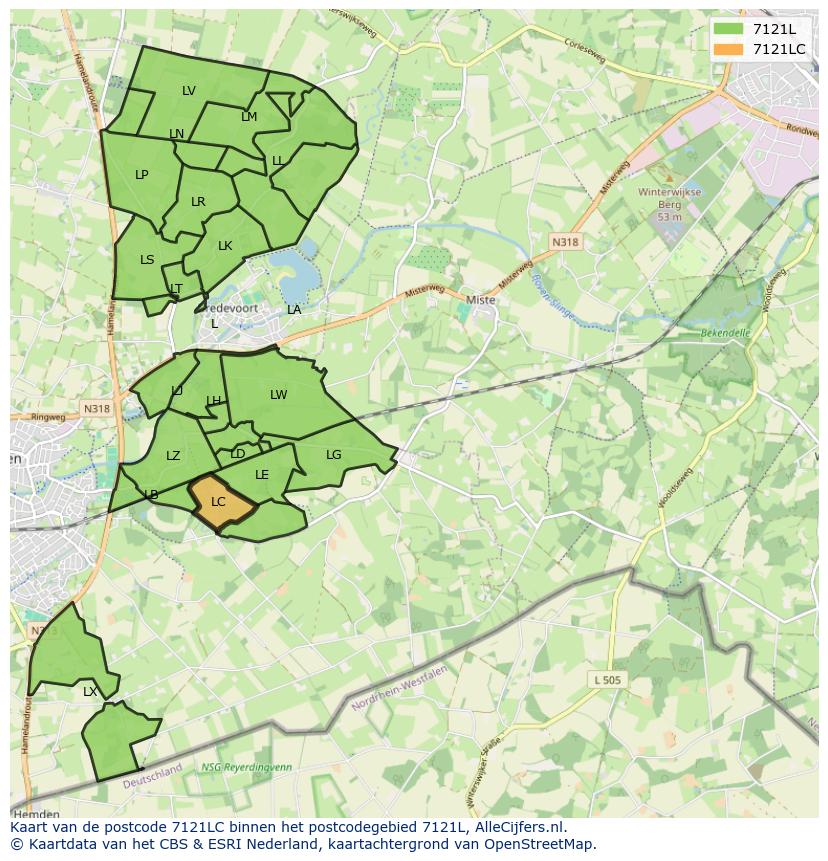 Afbeelding van het postcodegebied 7121 LC op de kaart.