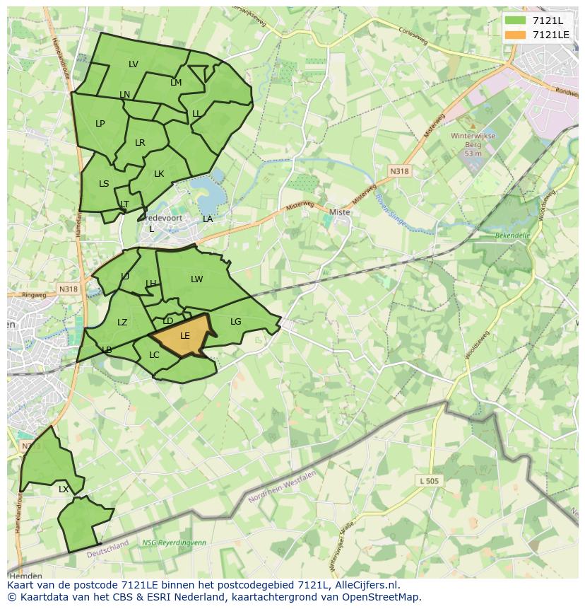 Afbeelding van het postcodegebied 7121 LE op de kaart.
