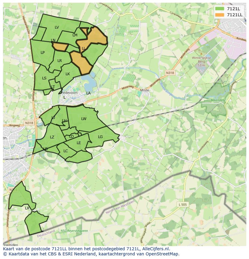 Afbeelding van het postcodegebied 7121 LL op de kaart.