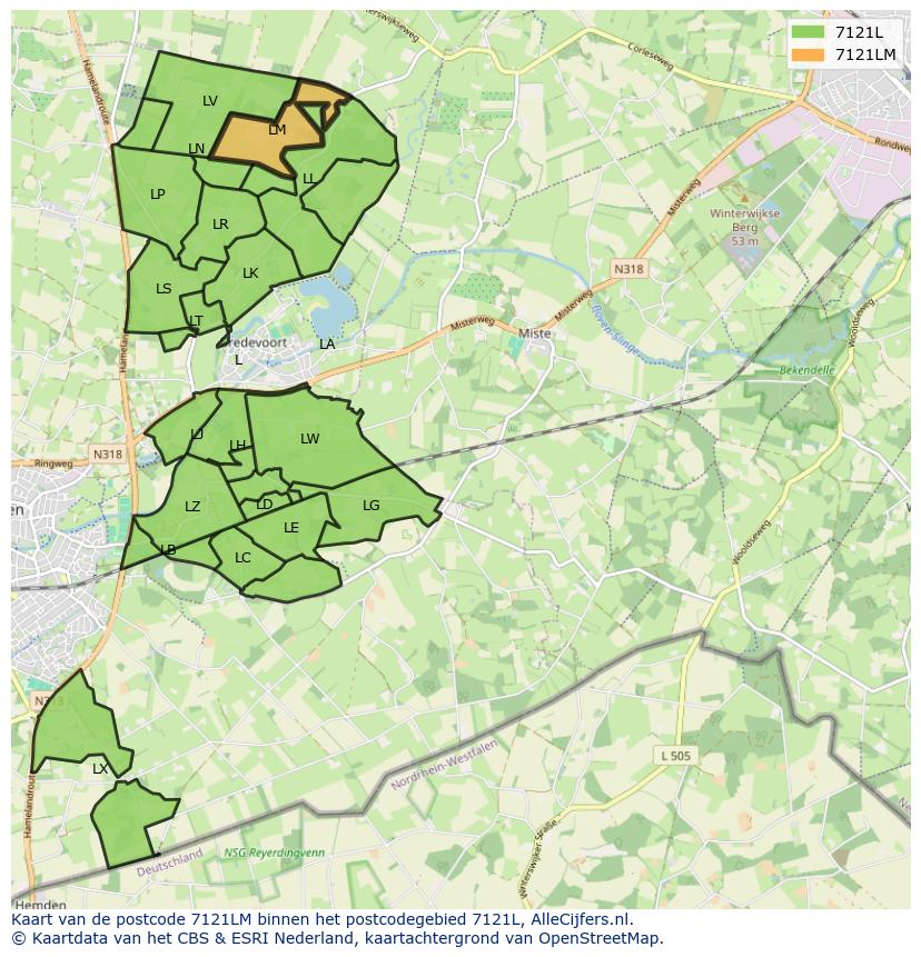 Afbeelding van het postcodegebied 7121 LM op de kaart.