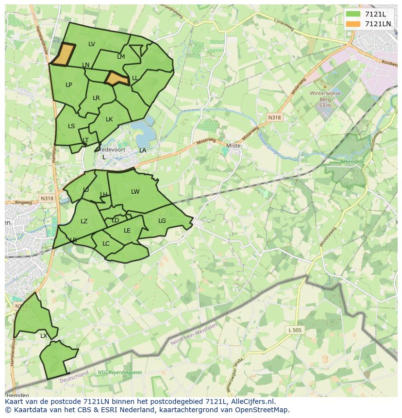 Afbeelding van het postcodegebied 7121 LN op de kaart.
