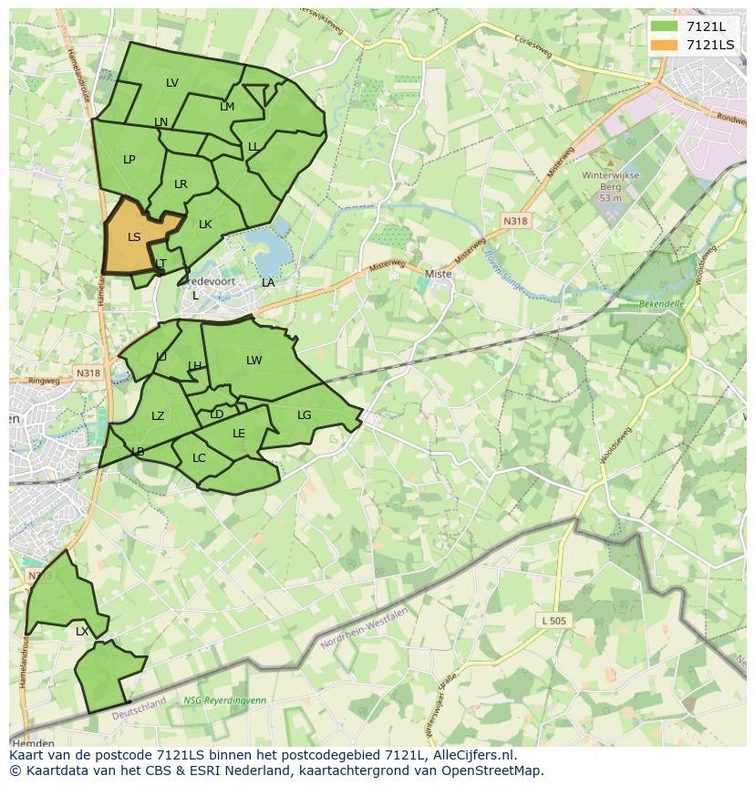Afbeelding van het postcodegebied 7121 LS op de kaart.
