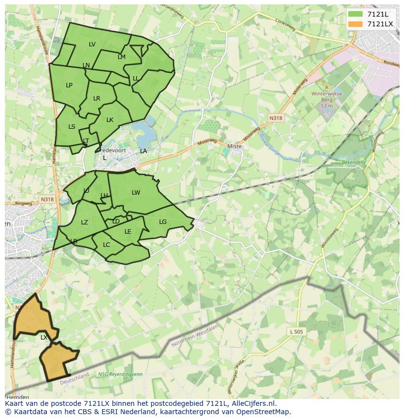 Afbeelding van het postcodegebied 7121 LX op de kaart.