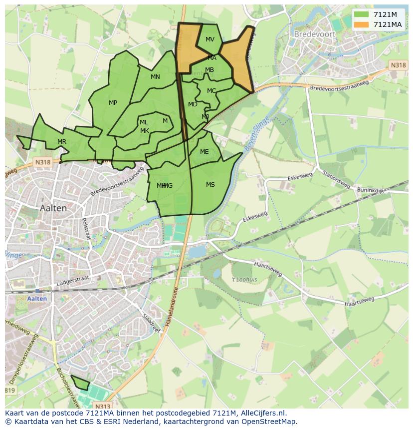 Afbeelding van het postcodegebied 7121 MA op de kaart.