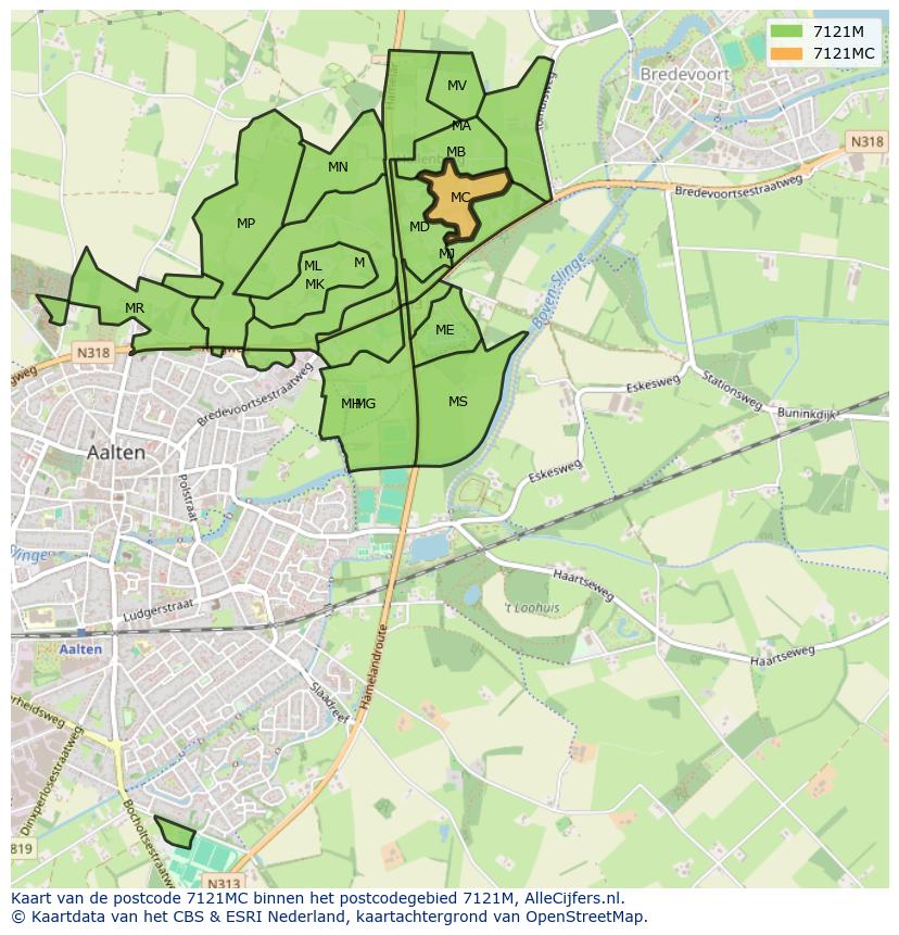 Afbeelding van het postcodegebied 7121 MC op de kaart.