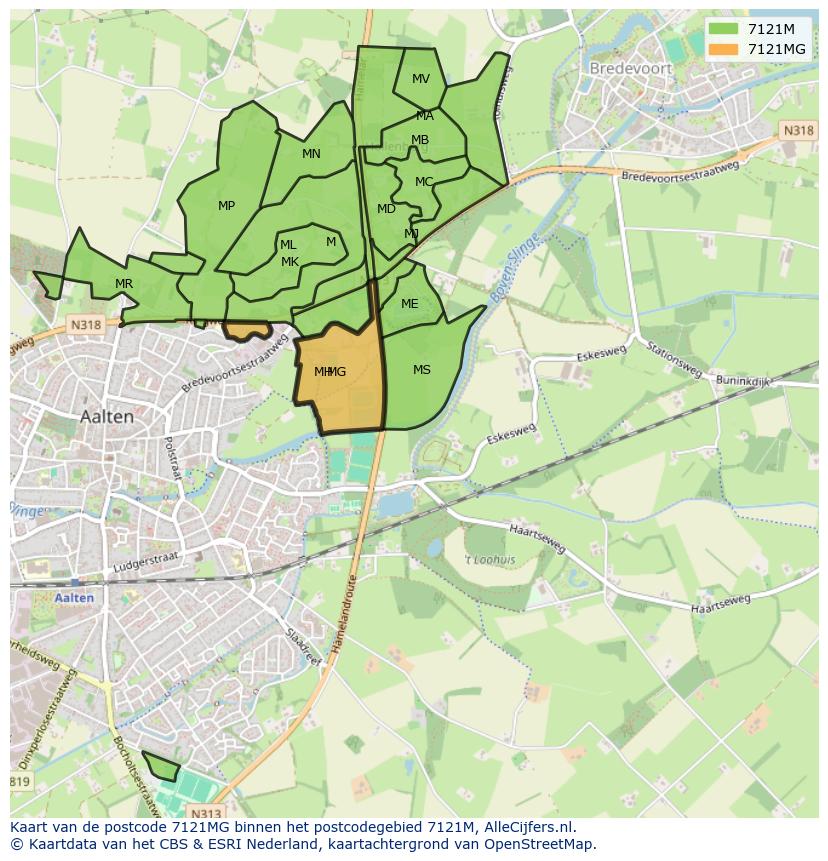 Afbeelding van het postcodegebied 7121 MG op de kaart.