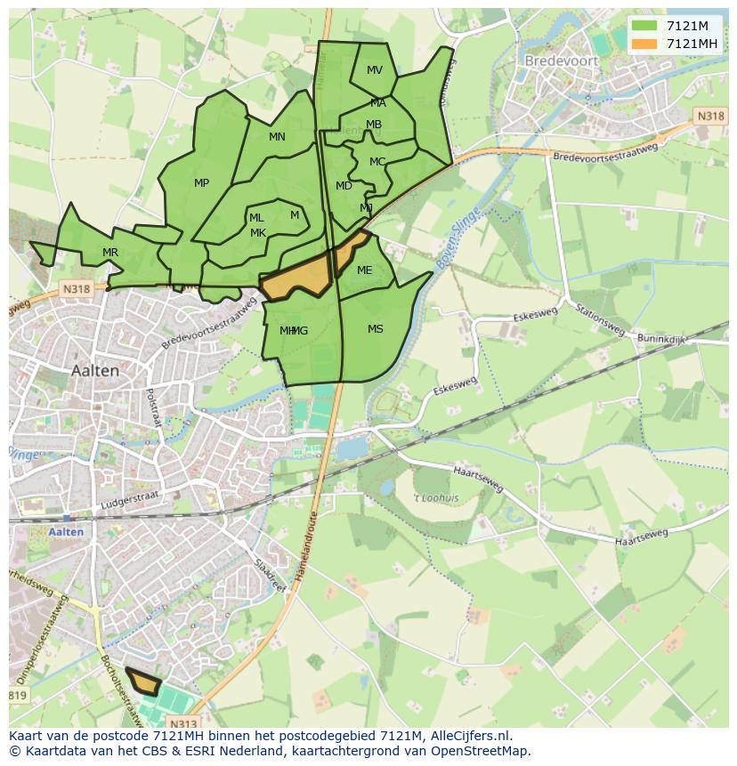 Afbeelding van het postcodegebied 7121 MH op de kaart.