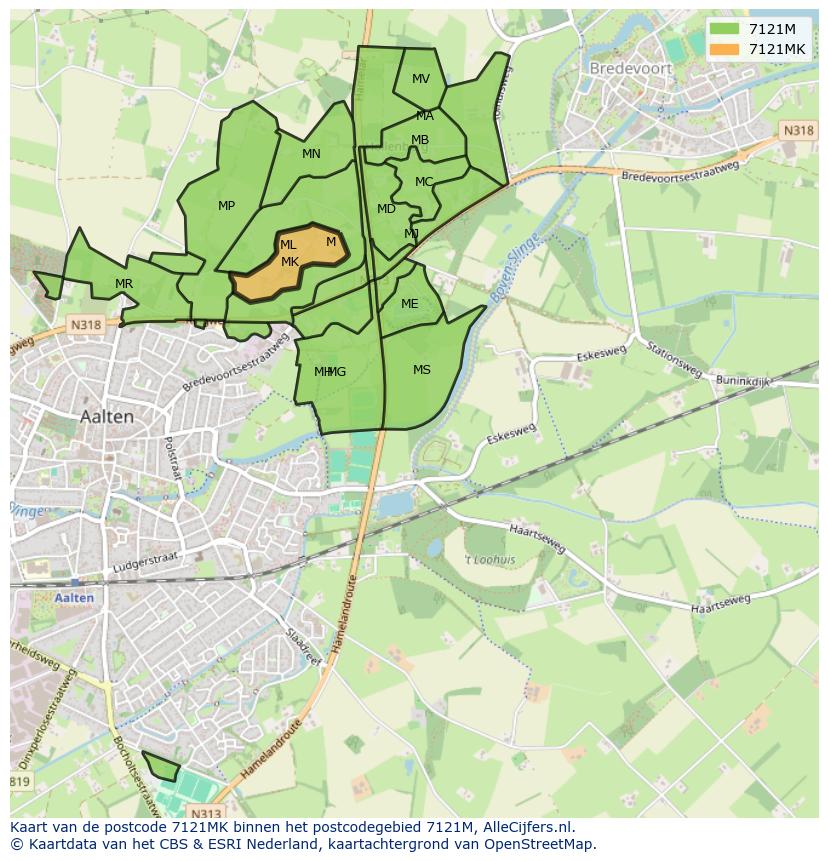 Afbeelding van het postcodegebied 7121 MK op de kaart.