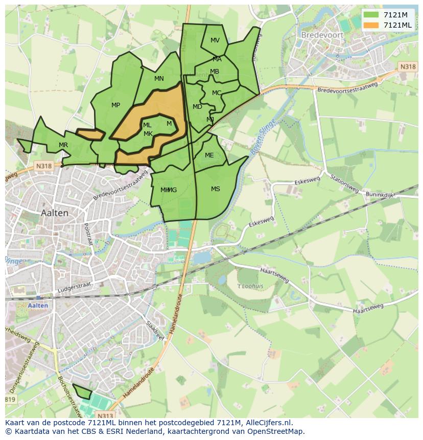 Afbeelding van het postcodegebied 7121 ML op de kaart.