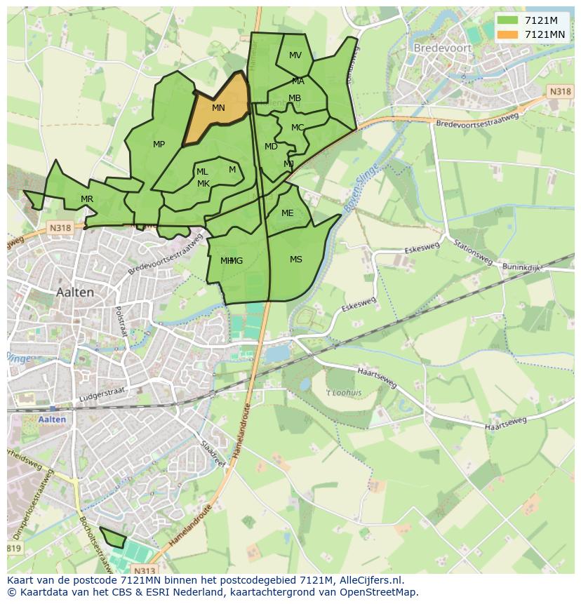 Afbeelding van het postcodegebied 7121 MN op de kaart.