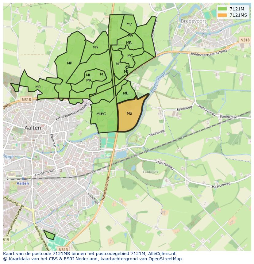 Afbeelding van het postcodegebied 7121 MS op de kaart.