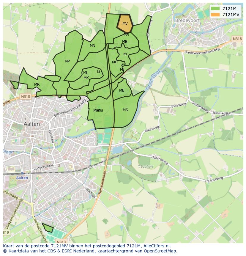 Afbeelding van het postcodegebied 7121 MV op de kaart.