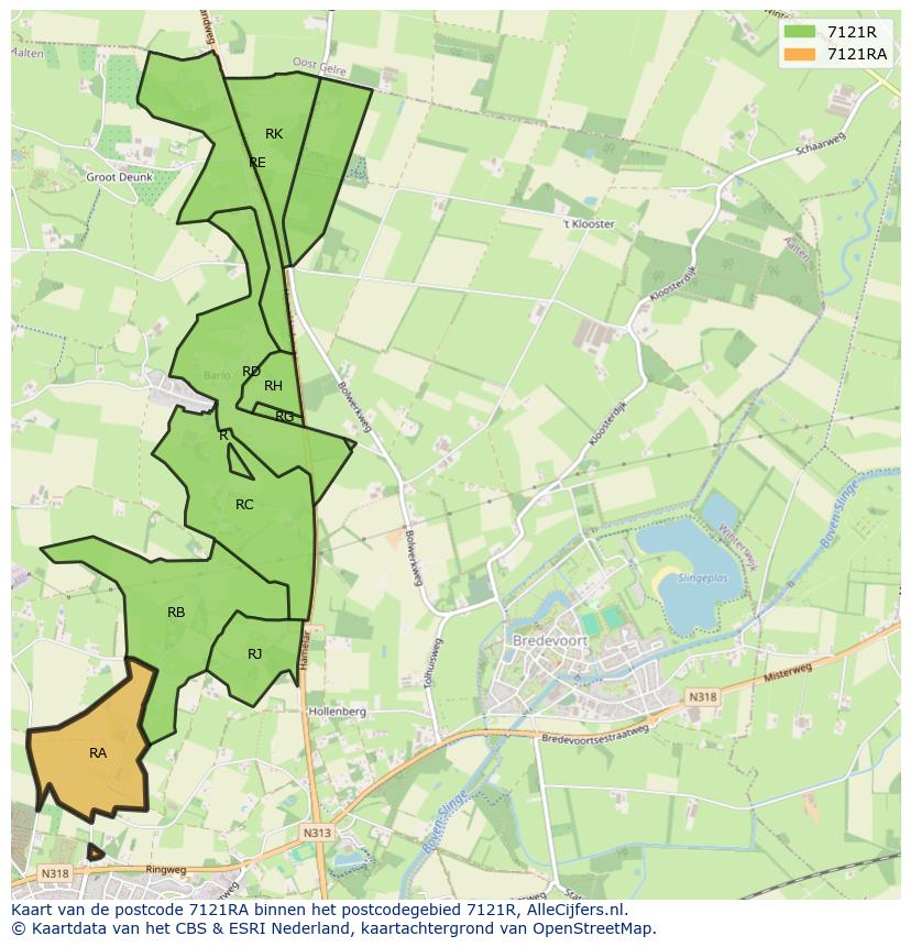 Afbeelding van het postcodegebied 7121 RA op de kaart.