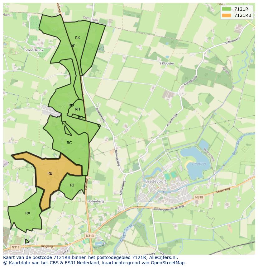 Afbeelding van het postcodegebied 7121 RB op de kaart.