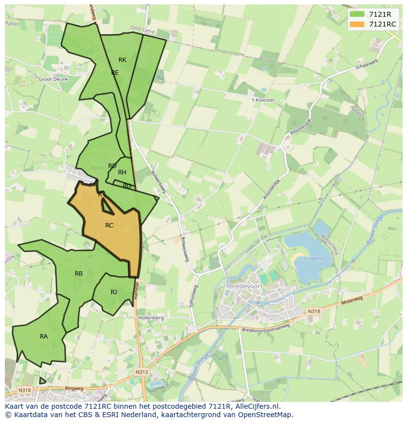 Afbeelding van het postcodegebied 7121 RC op de kaart.