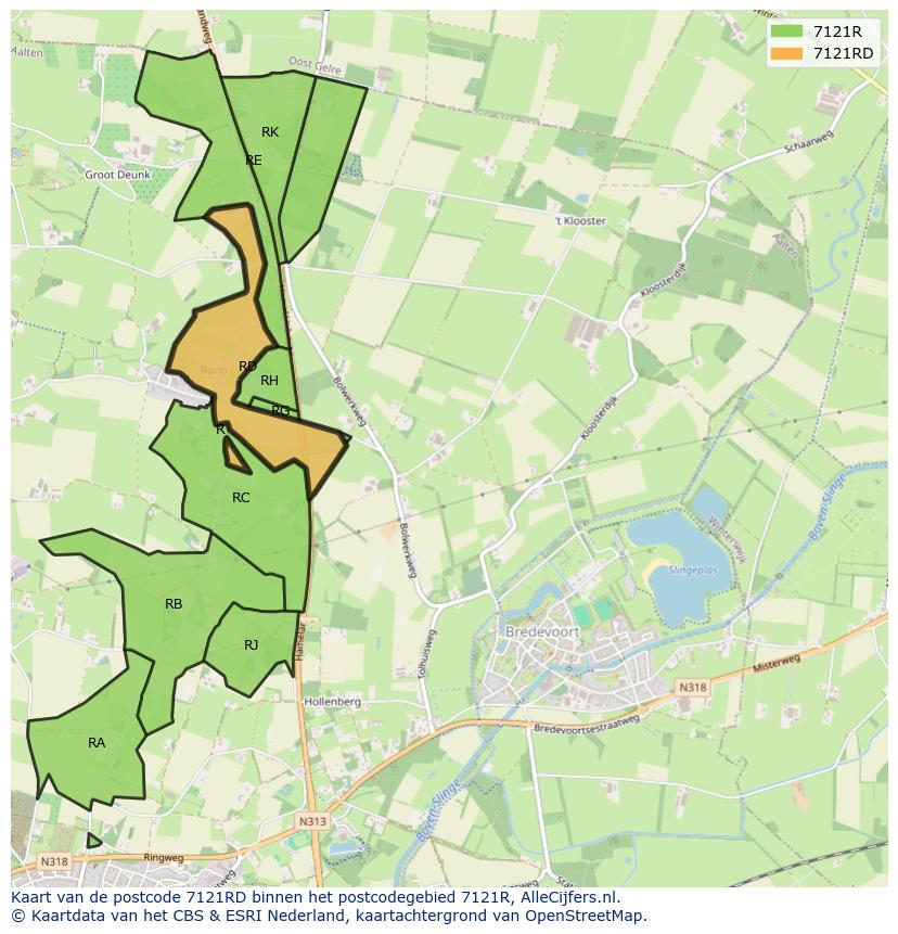 Afbeelding van het postcodegebied 7121 RD op de kaart.