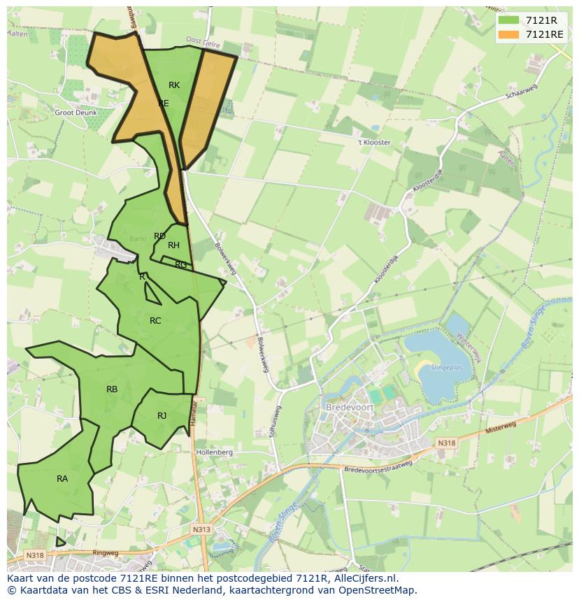 Afbeelding van het postcodegebied 7121 RE op de kaart.