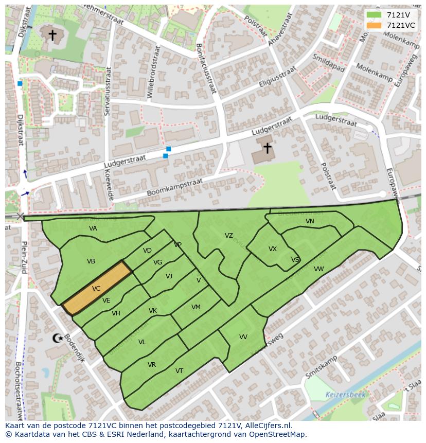 Afbeelding van het postcodegebied 7121 VC op de kaart.