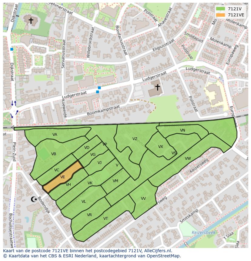 Afbeelding van het postcodegebied 7121 VE op de kaart.