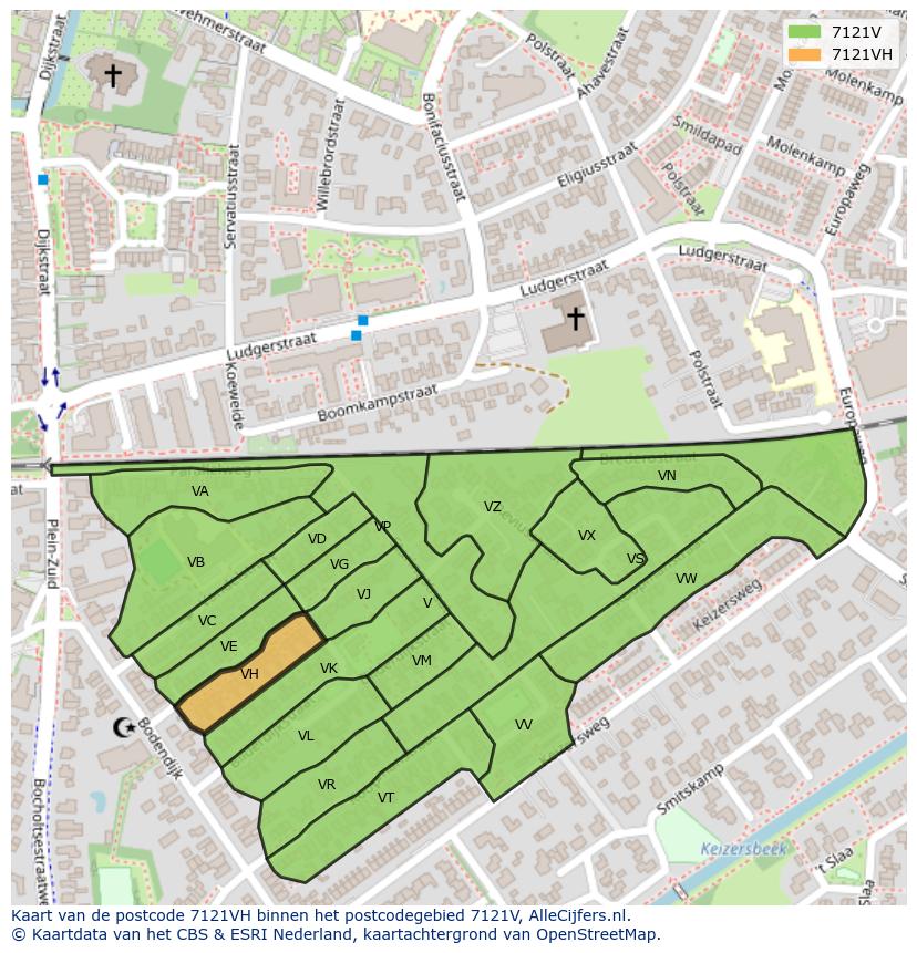 Afbeelding van het postcodegebied 7121 VH op de kaart.