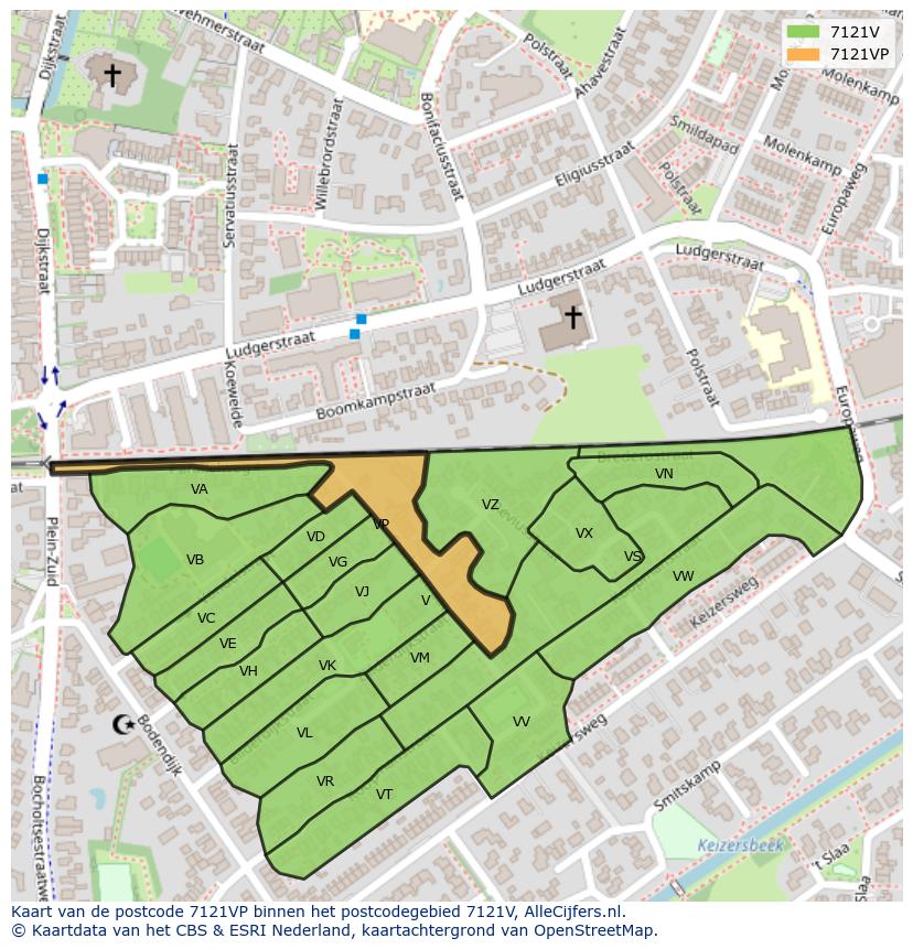 Afbeelding van het postcodegebied 7121 VP op de kaart.