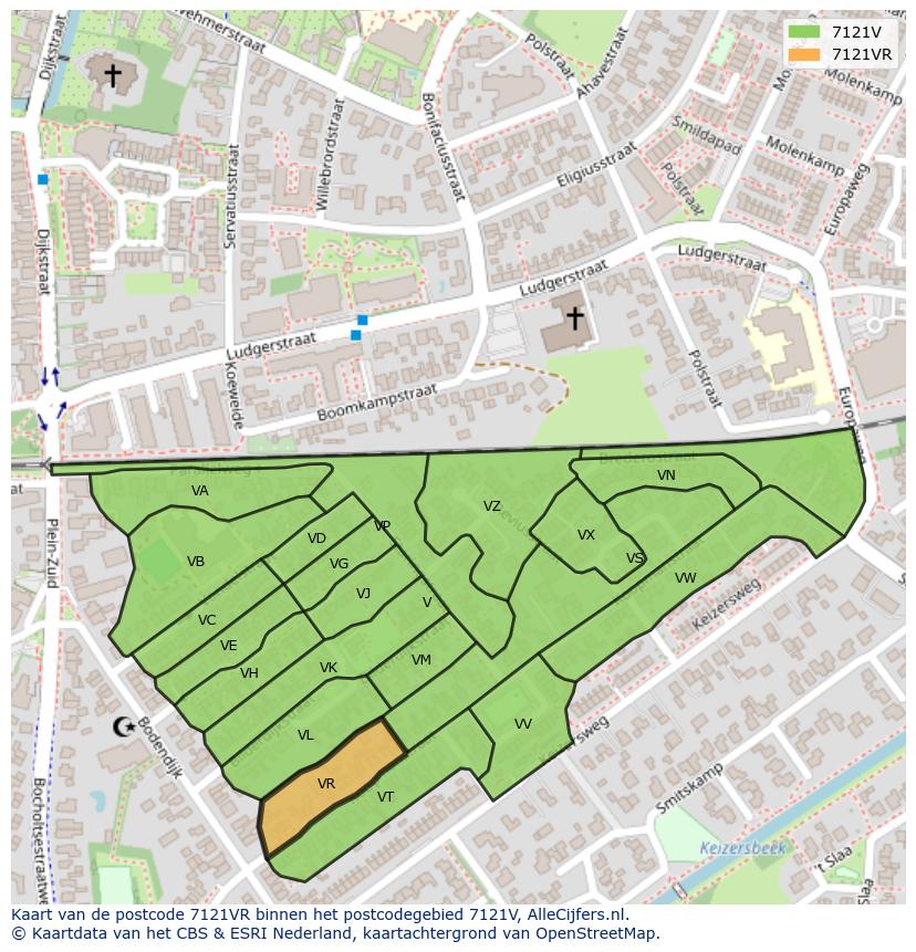 Afbeelding van het postcodegebied 7121 VR op de kaart.