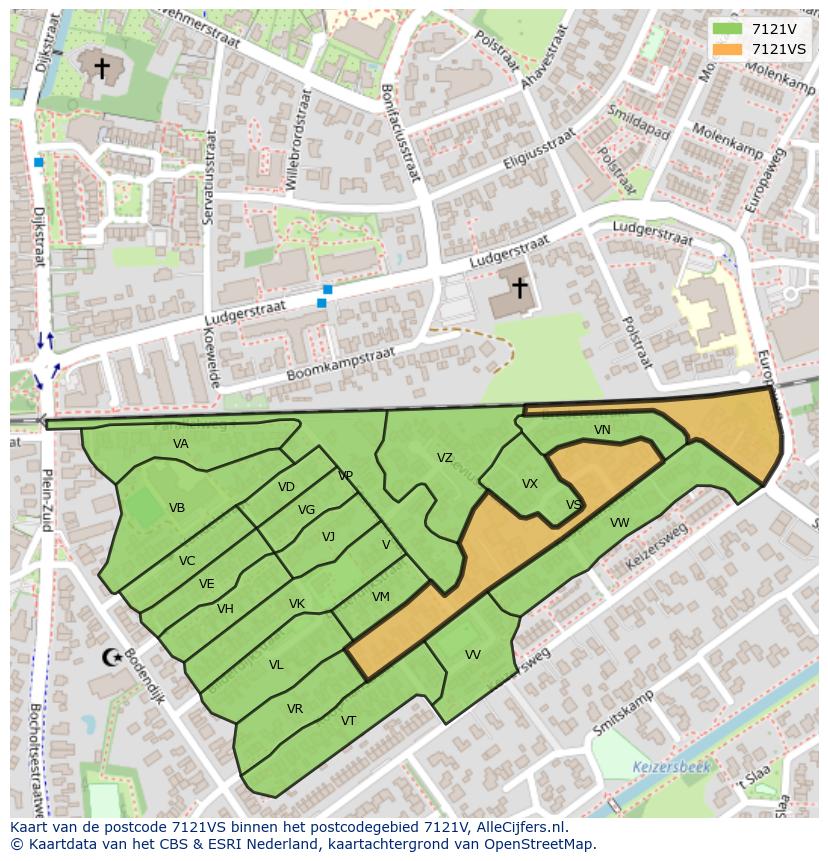 Afbeelding van het postcodegebied 7121 VS op de kaart.