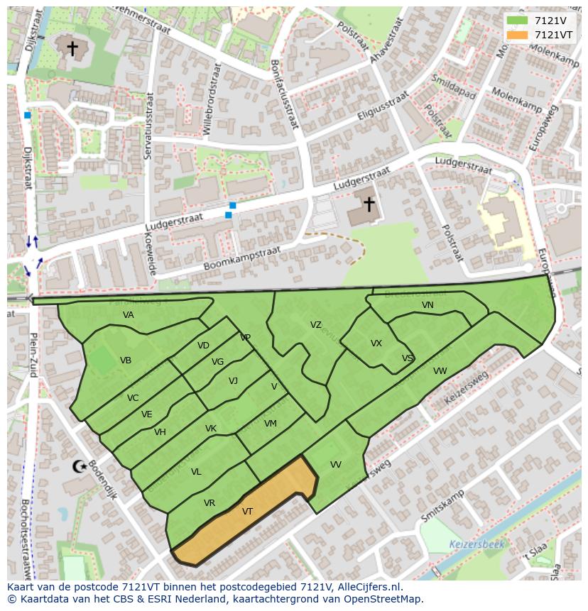 Afbeelding van het postcodegebied 7121 VT op de kaart.