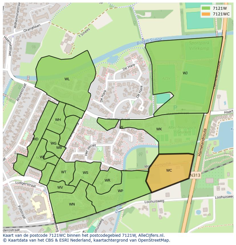 Afbeelding van het postcodegebied 7121 WC op de kaart.