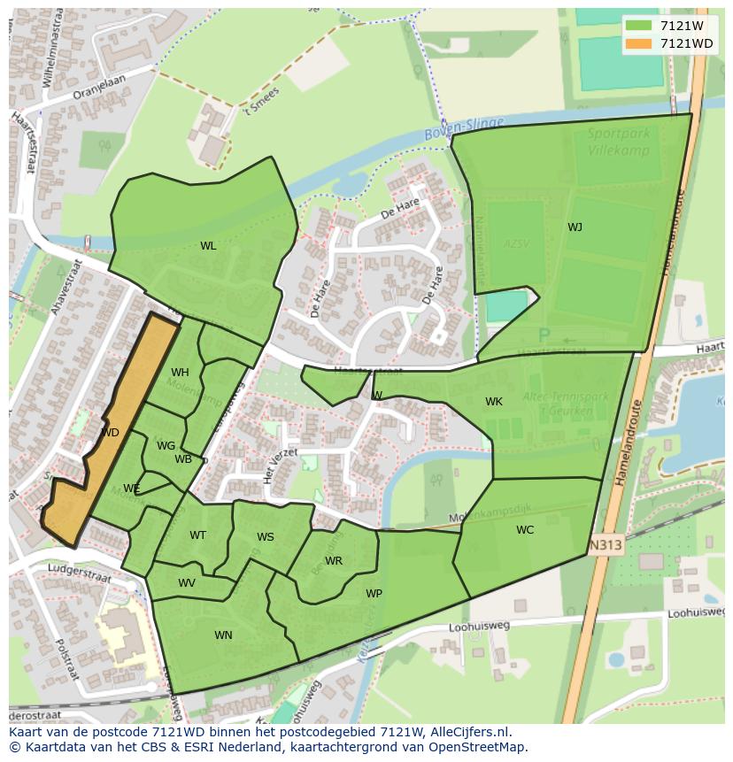 Afbeelding van het postcodegebied 7121 WD op de kaart.