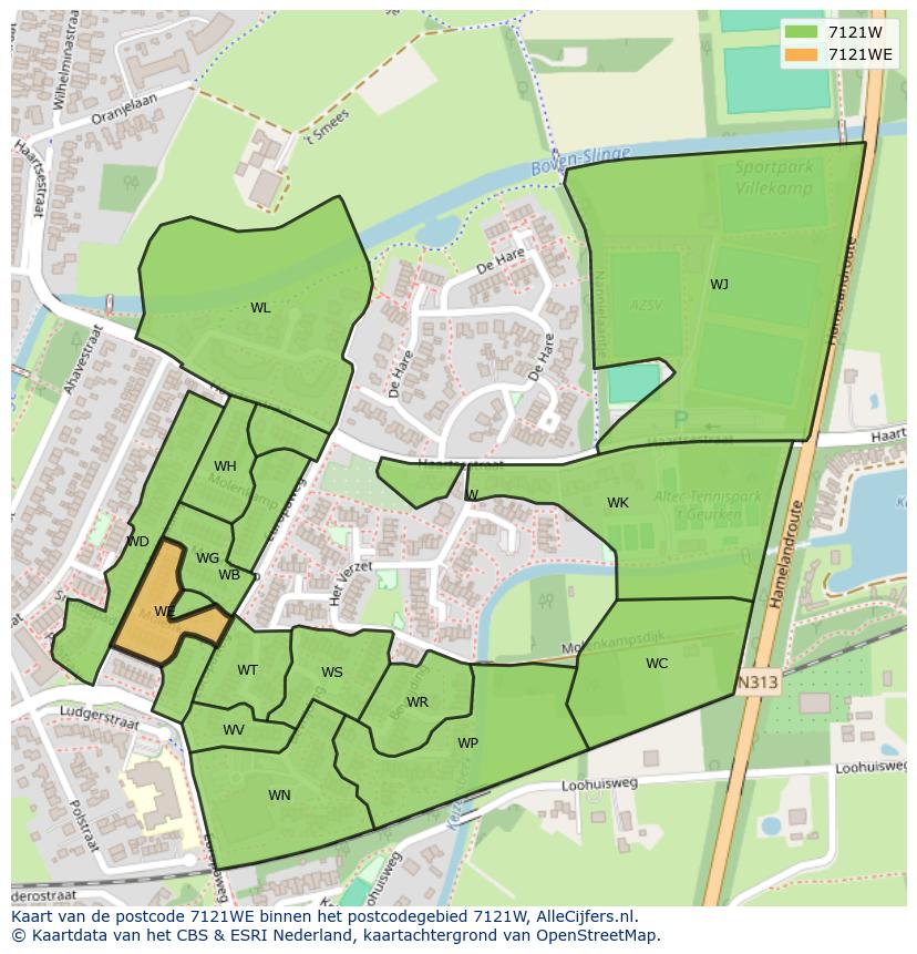 Afbeelding van het postcodegebied 7121 WE op de kaart.