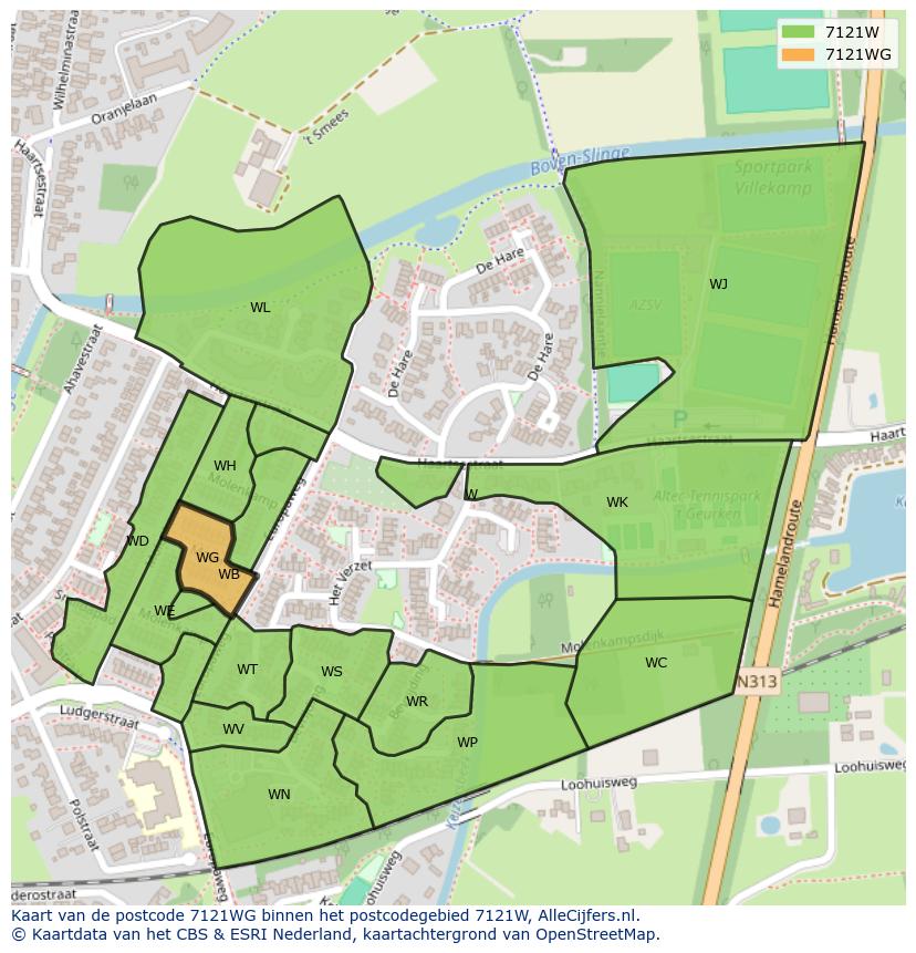Afbeelding van het postcodegebied 7121 WG op de kaart.