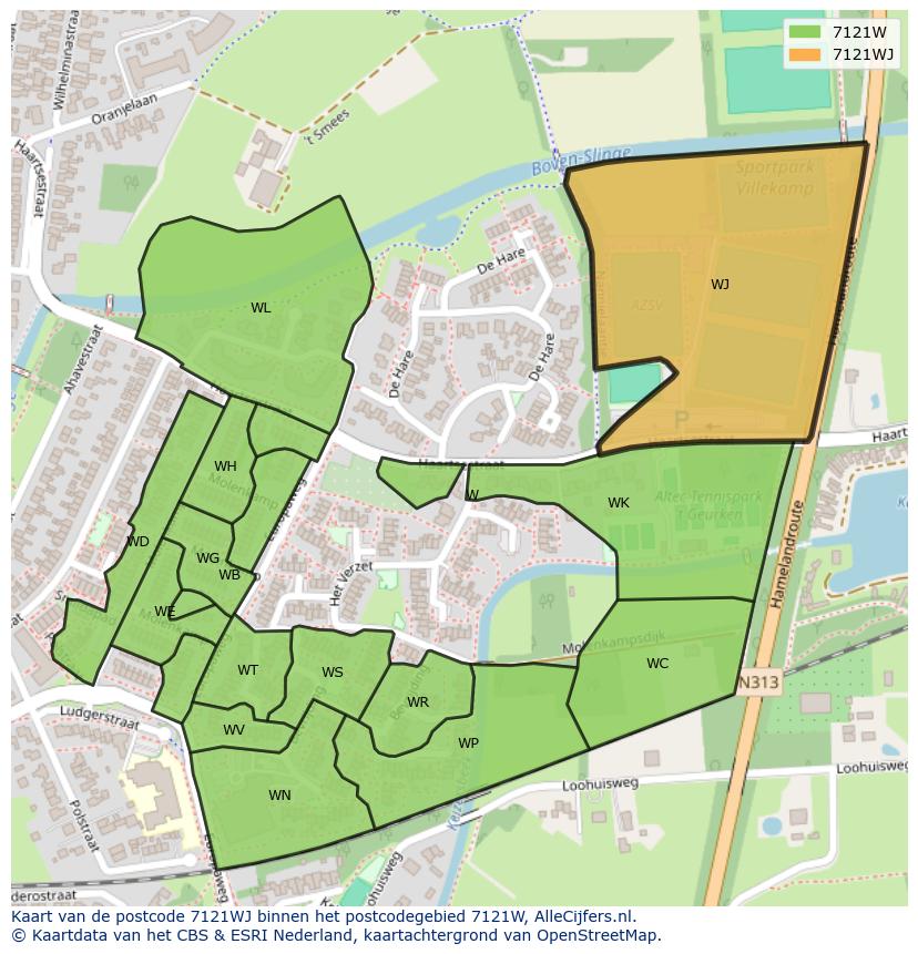 Afbeelding van het postcodegebied 7121 WJ op de kaart.