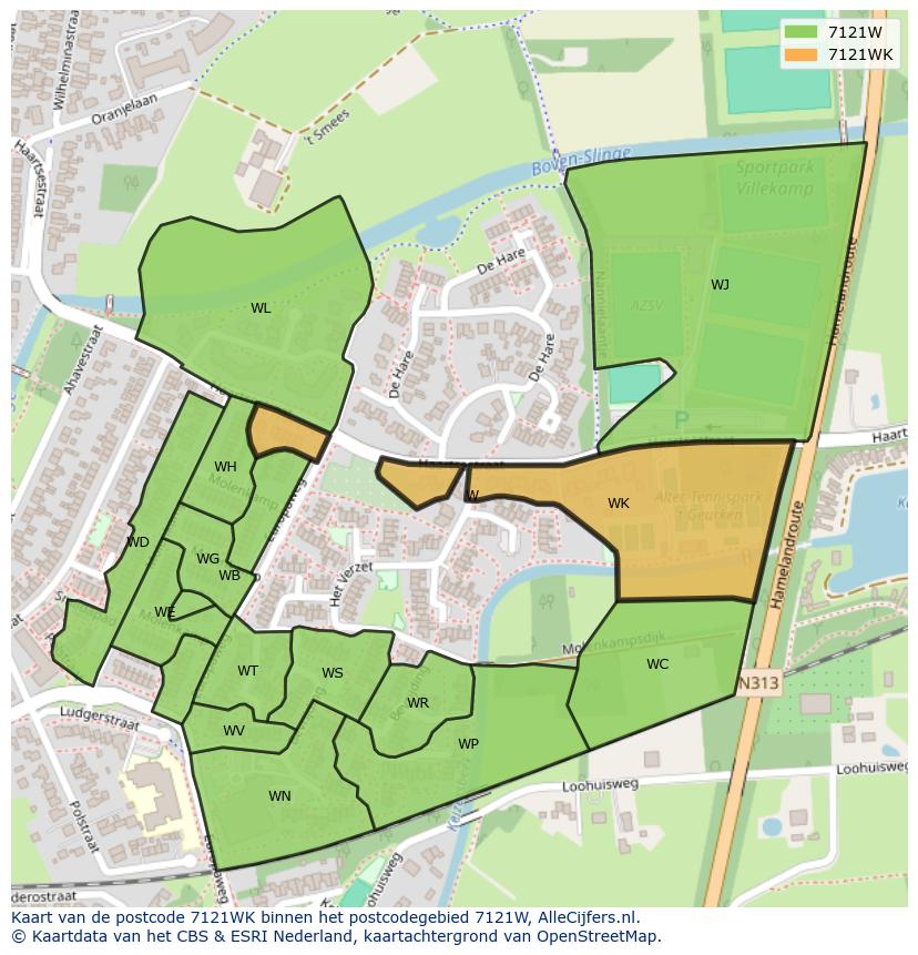 Afbeelding van het postcodegebied 7121 WK op de kaart.